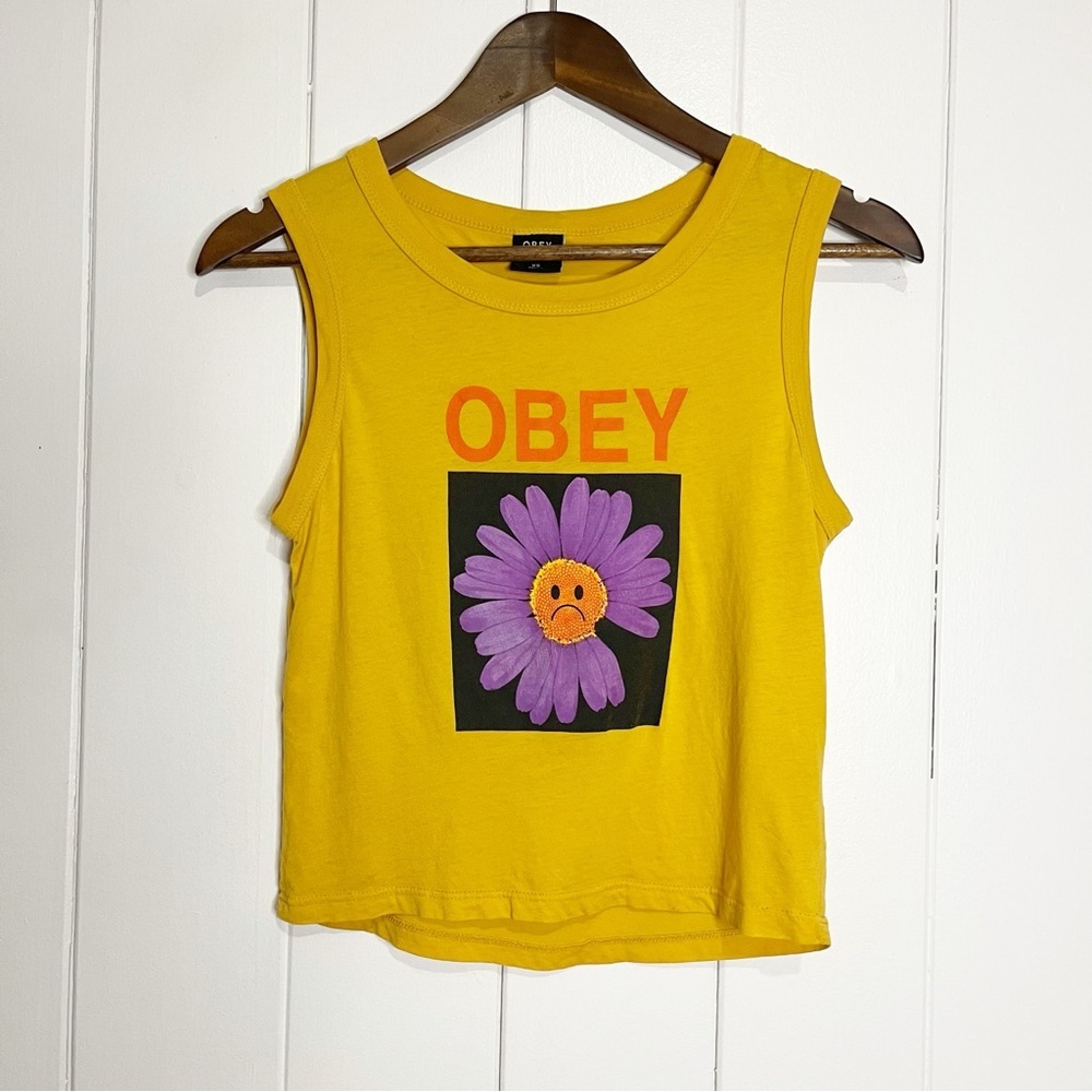 Obey Mustard Yellow Smiley Face Flower Tank Top. Size Small.